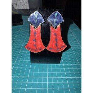 Vintage Signed M. Jent Red & Blue Enamel Earrings 80’s